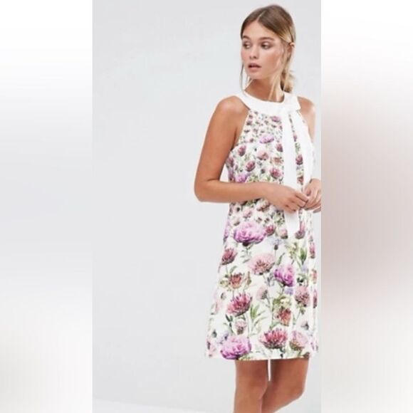 NWT Ted Baker LUCILEE THISTLE PRINT NECK TIE TUNIC Mini Dress Ted Sz 0/ XS - Picture 1 of 15